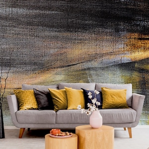 Abstrakte schwarze und gelbe Tapete imitierte Leinwand, selbstklebendes entfernbares Wandbild