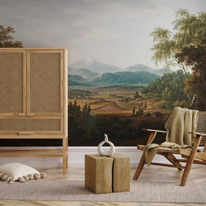 Rural landscape wallpaper, vintage painting wall mural | Peel and Stick (Self Adhesive) or Non Adhesive Vinyl Paper