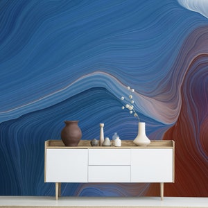 Blue and Rust waves wallpaper, Peel & Stick, Self Adhesive Removable Wall Mural