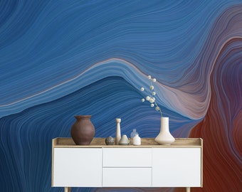 Blue and Rust waves wallpaper, Peel & Stick, Self Adhesive Removable Wall Mural