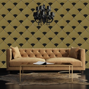 Carta da parati con motivi geometrici art deco nero e giallo / murale autoadesivo, rimovibile, stacca e incolla, decorazione murale