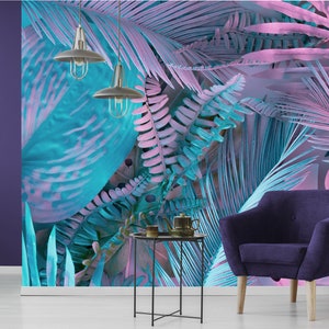 Blue and pink artificial tropical leaves wallpaper | self-adhesive, removable, peel & stick wall mural, wall decor