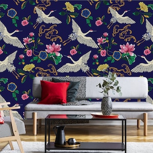 Blaue Tapete mit Kranichen und Blumen | selbstklebende Tapete, ablösbar, Wandbild, Wanddeko abziehen