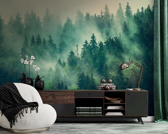 Papel de parede Floresta Nebulosa, Arte de Parede com Árvores Coníferas, Vinil Autoadesivo