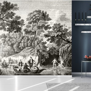 Vintage wallpaper with landscape rich of forest vegetation | self-adhesive, removable, peel & stick wall mural, wall decor