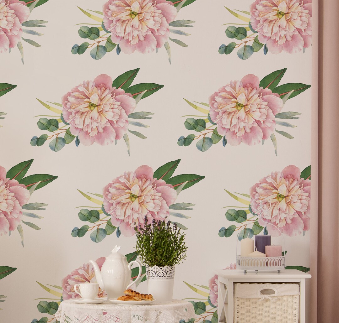 Watercolor Wallpaper Pink Blooming Peonies Pattern, Peel and Stick Wall ...