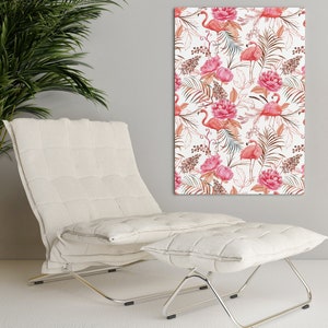 Tropical leaves, pink peony and flamingo bird Canvas Print, Botanical print, Modern Wall Decor, FOR SELF ASSEMBLY