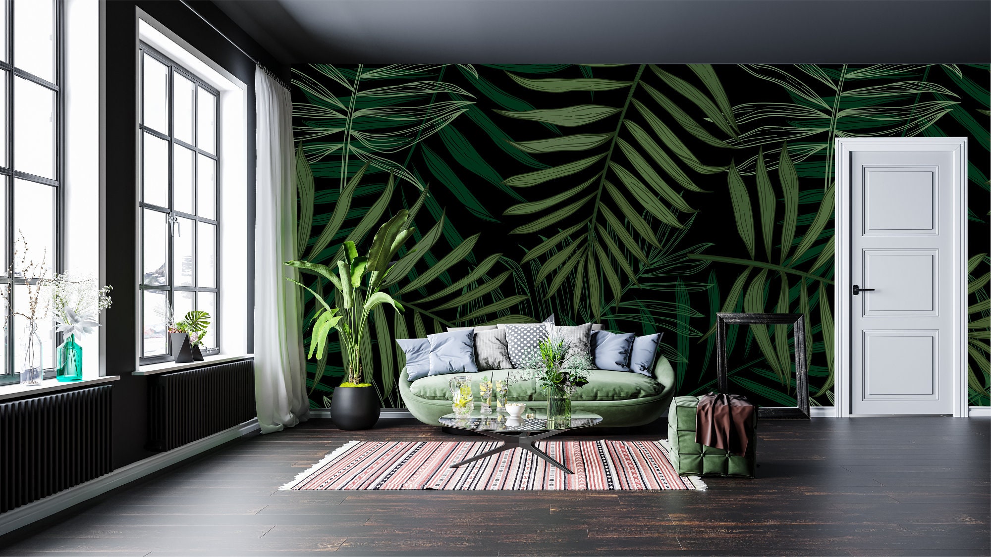 Dark Tropical Wallpaper, Palm Leaf Mural, Dark Jungle Pattern | Self ...