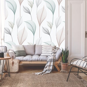 Motivo a petali di fiori pastello, carta da parati con foglie geometriche, sfondo bianco / carta da parati autoadesiva, rimovibile, stacca e incolla