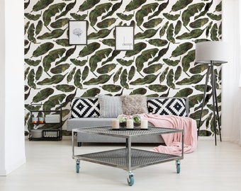 Tropical banana leafs watercolor pattern, peel and stick wall mural