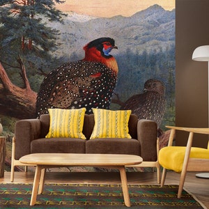 Vintage Wallpaper with Birds, Background Landscape with a Tree | Peel and Stick (Self Adhesive) or Non Adhesive Vinyl Paper
