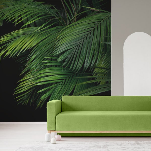 Palm leaves, tropical plant growing in wild on black background, peel and stick wall mural