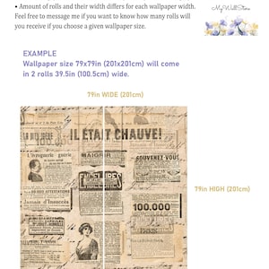 Puede incluir: Papel pintado con dise&ntilde;o de collage de peri&oacute;dicos antiguos en tonos sepia con textos, ilustraciones y anuncios. El ejemplo muestra un dise&ntilde;o de 201cm x 201cm dividido en dos rollos de 100,5cm de ancho. Incluye el texto 'IL &Eacute;TAIT CHAUVE!' y 'My Wall Store'.
