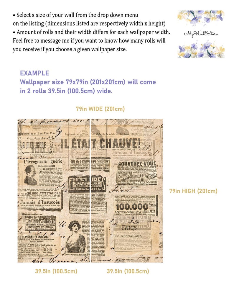 Puede incluir: Papel pintado con dise&ntilde;o de collage de peri&oacute;dicos antiguos en tonos sepia con textos, ilustraciones y anuncios. El ejemplo muestra un dise&ntilde;o de 201cm x 201cm dividido en dos rollos de 100,5cm de ancho. Incluye el texto 'IL &Eacute;TAIT CHAUVE!' y 'My Wall Store'.