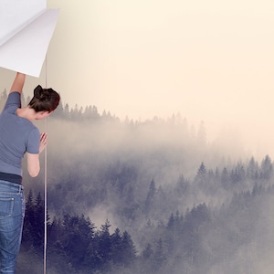 Forest landscape wallpaper,fog,home decor,wall decal,removable peel and stick wallpaper,wall decor,sticker,outlander,print painting,clipart