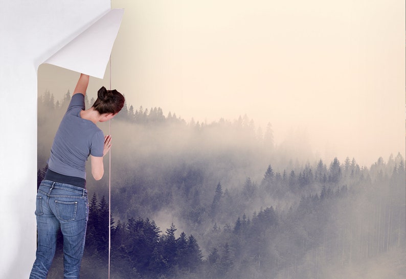 Forest landscape wallpaper,fog,home decor,wall decal,removable peel and stick wallpaper,wall decor,sticker,outlander,print painting,clipart