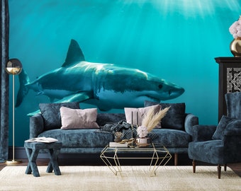 Shark wallpaper mural, sea life wallpaper | self-adhesive, removable, peel & stick wall mural, wall decor