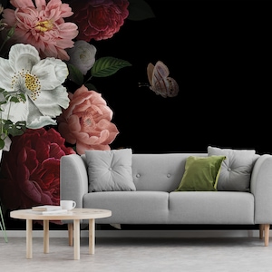 Black wallpaper with white, pink and red blooming flowers, self adhesive, peel and stick floral wall mural