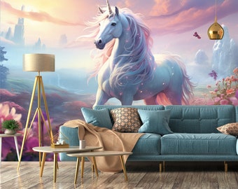 Unicorn Fantasy Landscape Kids & Nursery Wallpaper | Peel and Stick (Self Adhesive) or Non Adhesive Vinyl Paper