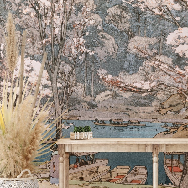 Japanese landscape wallpaper, vintage painting wall mural | Peel and Stick (Self Adhesive) or Non Adhesive Vinyl Paper