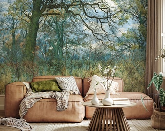 Forest landscape wallpaper, vintage painting wall mural | Peel and Stick (Self Adhesive) or Non Adhesive Vinyl Paper