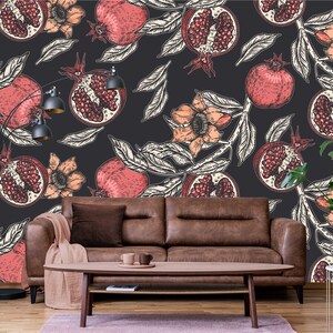 Wallpaper mit Granatapfel Früchten und Blumen | selbstklebende Tapete, abnehmbar, Schälen & Aufkleben Wandbild, Wanddekor