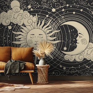 Carta da parati con motivi astrologici con sole e luna / murale autoadesivo, rimovibile, staccabile e incollabile