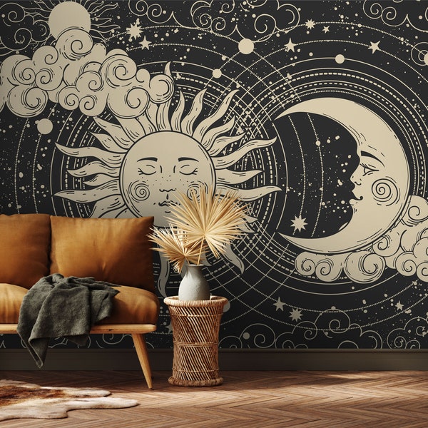 Sun and moon astrology motive wallpaper | self-adhesive, removable, peel and stick wall mural