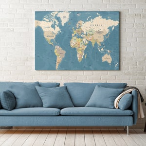 Impresión de lienzo de mapa del mundo azul, decoración de pared moderna, arte de lienzo, PARA AUTOENSAMBLAJE
