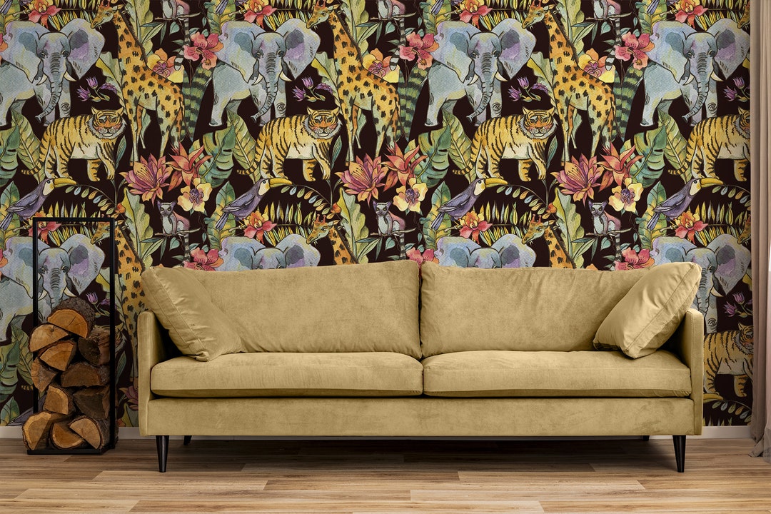 Wallpaper With Watercolor Jungle Animals, Peel and Stick Floral Wall ...