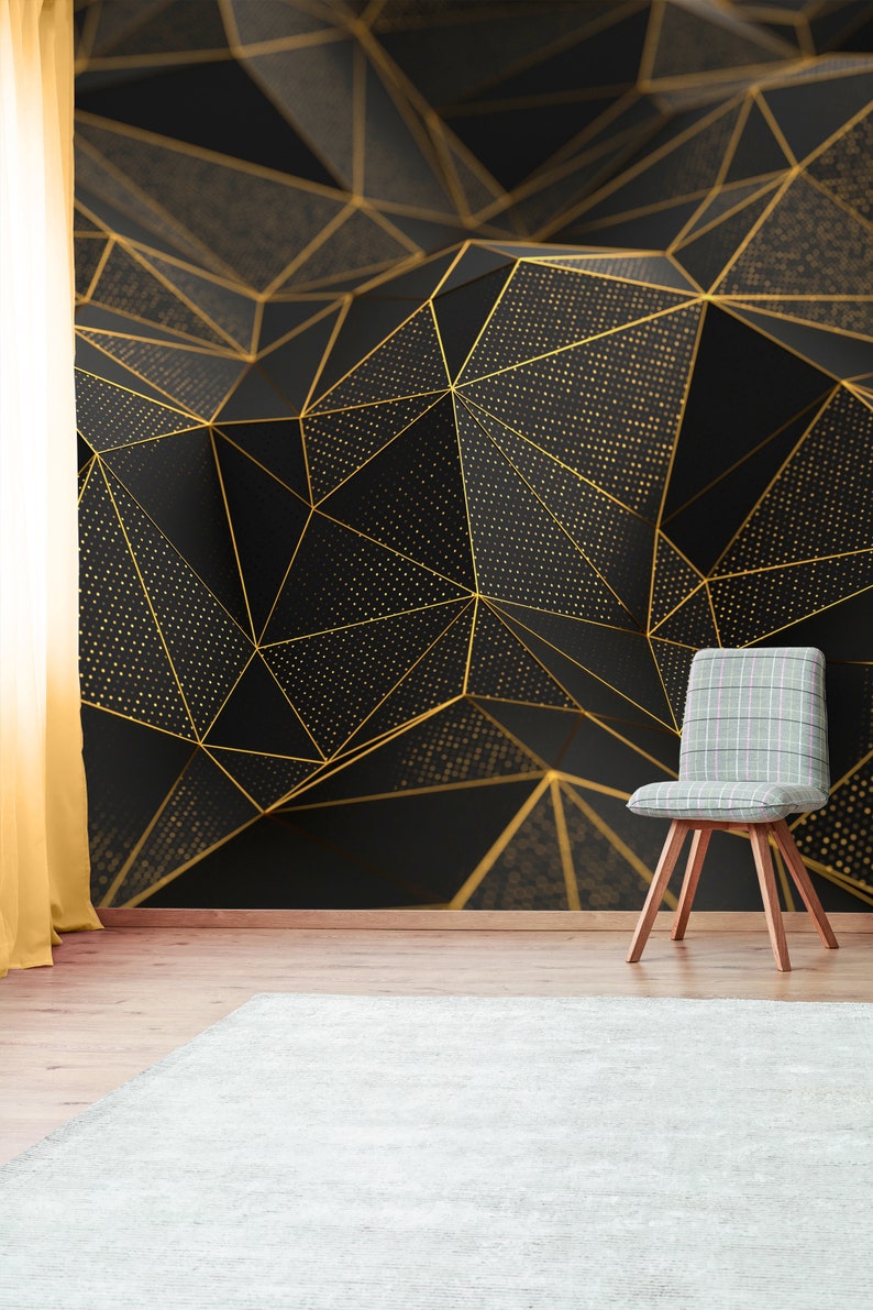 Geometric wallpaper with gold and black shapes self adhesive | Etsy