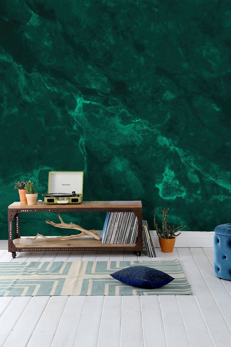 Emerald green abstract wallpaper, self adhesive, peel and stick wall mural image 3