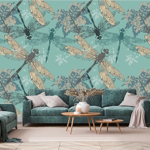 Mint green wallpaper with dragonfly pattern, insect motive mural | self-adhesive, removable, peel & stick wall mural, wall decor