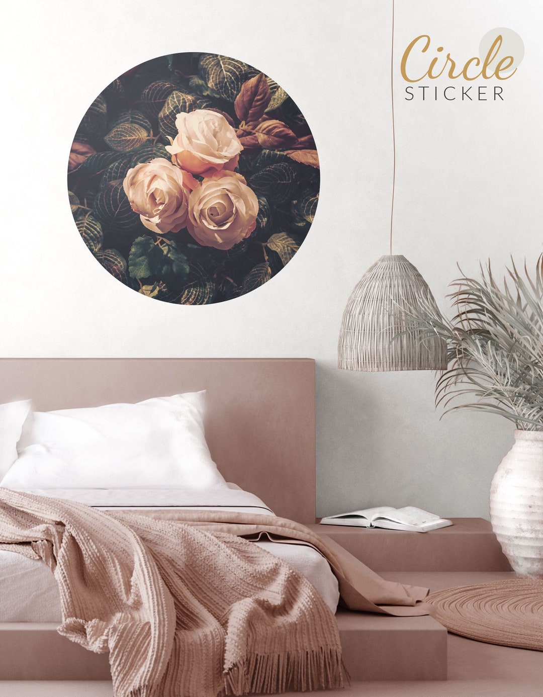 Vintage Rose Wall Sticker, Floral Pattern, Room Wall Decor, Circle Wall