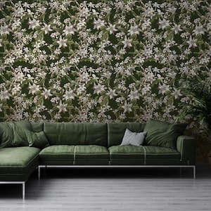 Papier peint foncé à motif lys blancs sur fond vert foncé* | Papier peint autocollant, amovible, autocollant