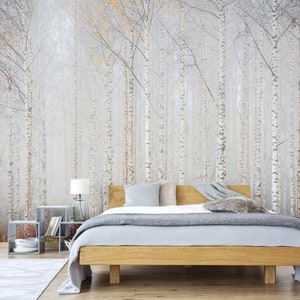 Birch tree forest wallpaper, self adhesive, peel and stick floral wall mural