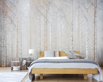 Birch tree forest wallpaper, self adhesive, peel and stick floral wall mural