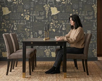 Papel de Parede Alchemy Raven Bat, Cinza Escuro Removível, Arte de Parede Vintage com Paisagem, Mural de Parede | Autoadesivo