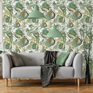 Green pastel leaves in watercolor, self adhesive, peel and stick wall mural