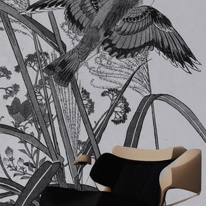 Schwarz-weiße Vogel- und Pflanzentapete | Schälen und aufkleben (selbstklebend) oder nicht klebendes Vinylpapier