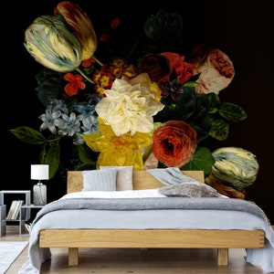 May include: A still life painting of a bouquet of colorful flowers, including tulips, roses, and hyacinths, against a black background. The flowers are arranged in a vase and are depicted in a realistic style.