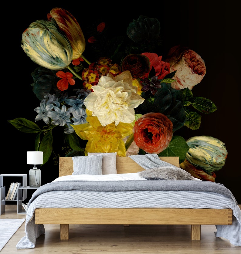 May include: A still life painting of a bouquet of colorful flowers, including tulips, roses, and hyacinths, against a black background. The flowers are arranged in a vase and are depicted in a realistic style.