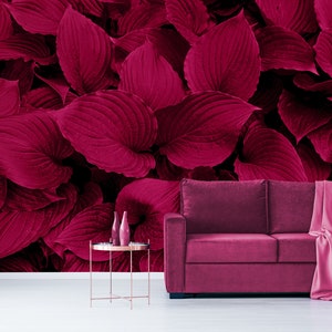 Carta da parati con foglie tropicali magenta scuro/stacca e incolla (autoadesiva) o carta vinilica non adesiva