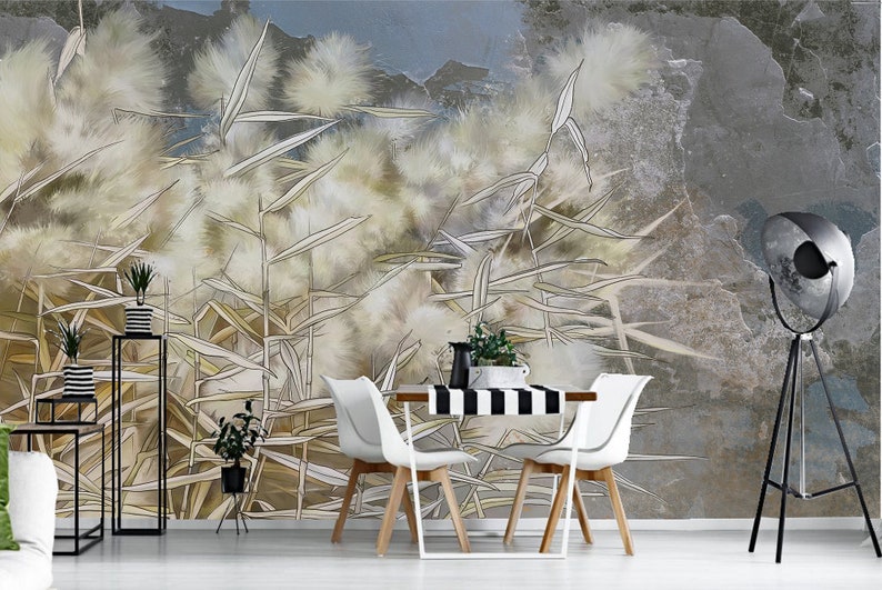 Wallpaper With Reed Painted on a Grunge Concrete Wall | Self-adhesive ...