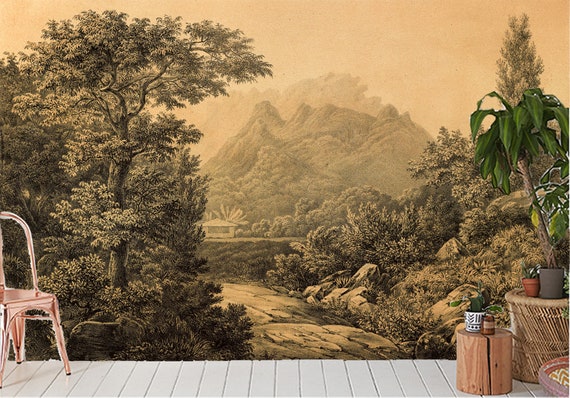 Papier peint paysage vintage, murale auto-adhésive, murale nature