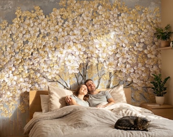 Abstract blooming tree wallpaper, non gold botanical wall mural, floral decor | Peel and Stick (Self Adhesive) or Traditional Vinyl Paper