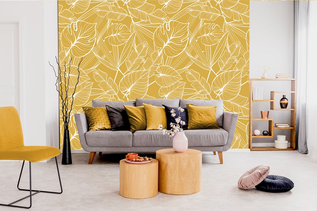 Tropical Leaves Wallpaper | Mustard Yellow, Peel and Stick Wall Mural ...