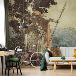 Old illustration wall mural, vintage style wallpaper with mythical figure | Peel and Stick (Self Adhesive) or Non Adhesive Vinyl Paper