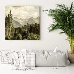 Mountain lanscape and green conifer trees Canvas Print, Botanical print, Modern Wall Decor, FOR SELF ASSEMBLY