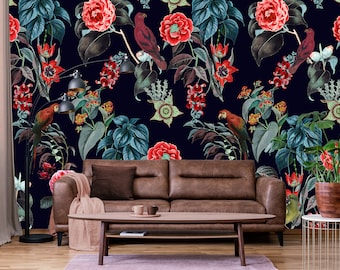 Wallpaper with colorful flowers and birds, tropical pattern, self adhesive, peel and stick floral wall mural, floral art